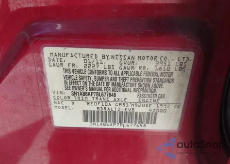 2011 Nissan Sentra 2.0S z USA, uszkodzony, nr VIN 3N1AB6AP7BL677648